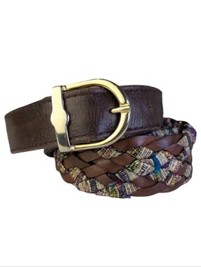 Braided Leather Belt with Metallic Woven Detail Boho Western | Waist 34.5"–38.5"